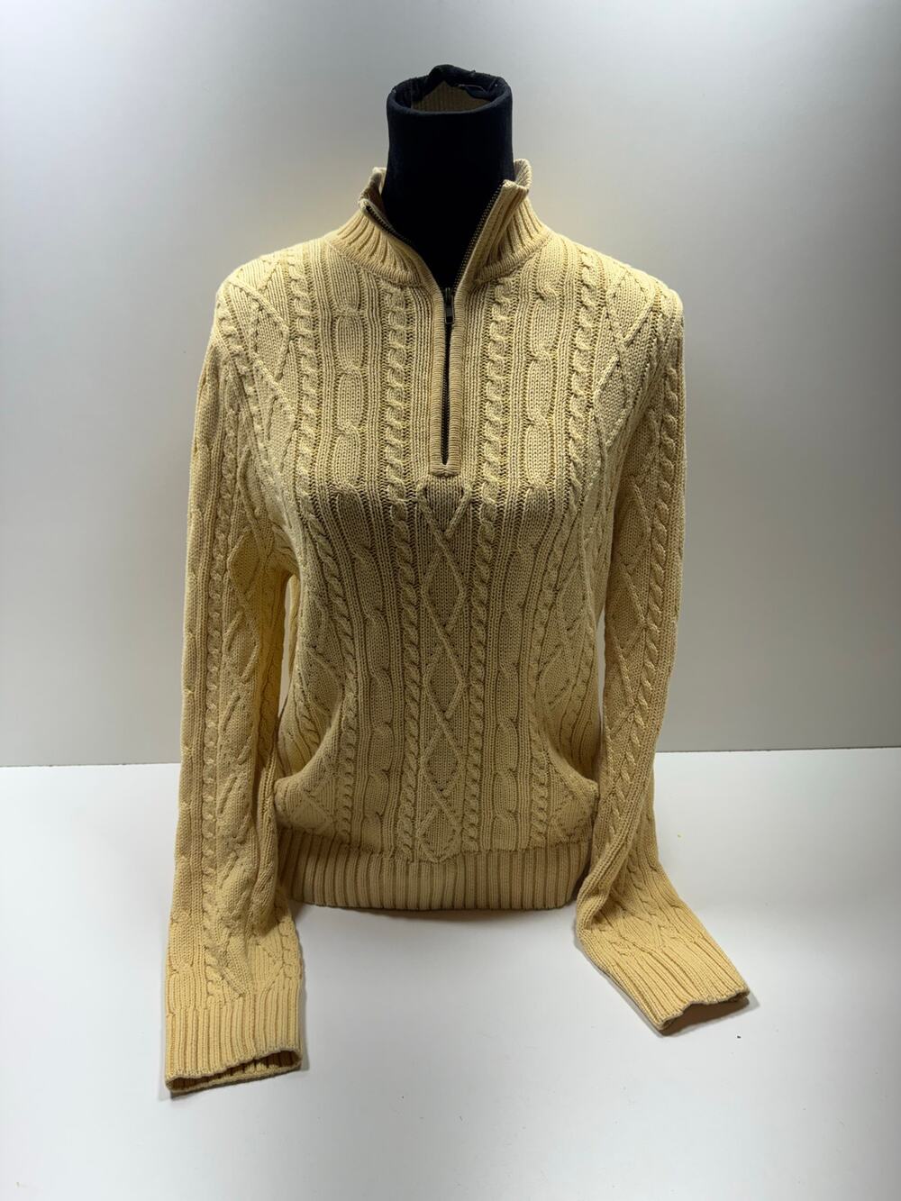 Willi Smith Women’s Chunky Cable Knit Sweater Sz L 1/2 Zip Mock Neck Yellow